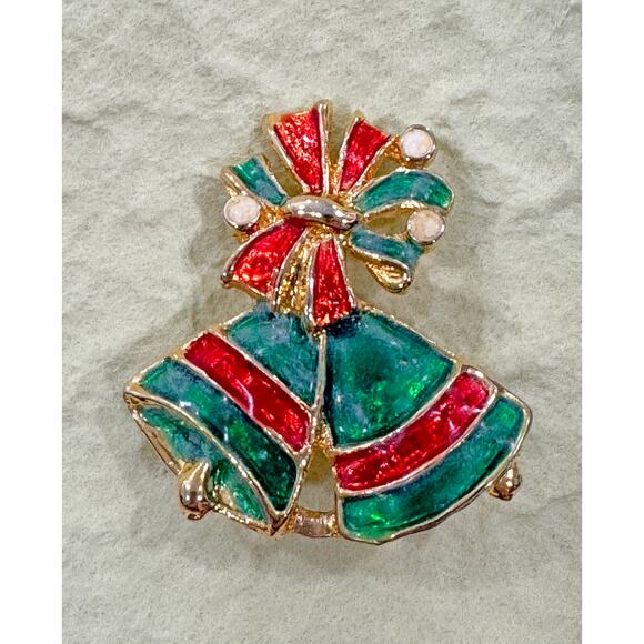 None Jewelry - Vintage Enamel Christmas Bells Pin Brooch Red Green Gold Bow Holiday CP22